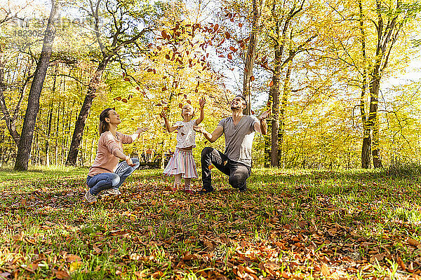 Verspielte Eltern mit Tochter werfen Herbstblätter im Park