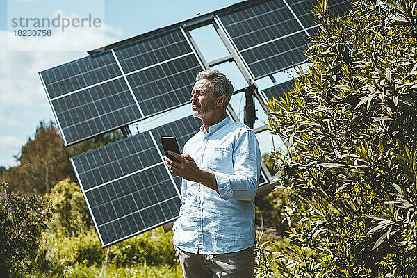 Reifer Mann mit Mobiltelefon steht vor Sonnenkollektoren