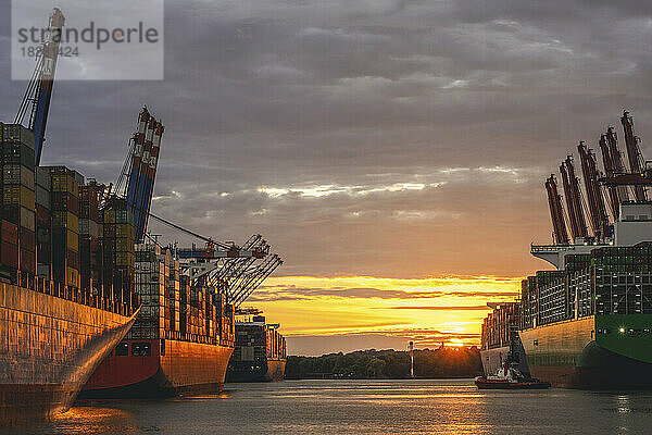 Deutschland  Hamburg  Containerschiffe im Hamburger Hafen bei Sonnenuntergang