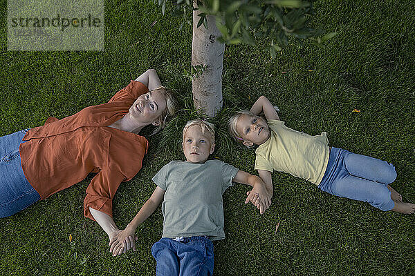 Family holding hands resting on grass in back yard