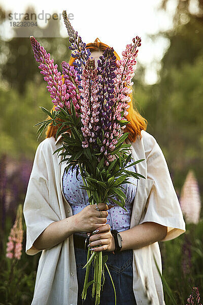 Teenage girl covering face with lupin flowers