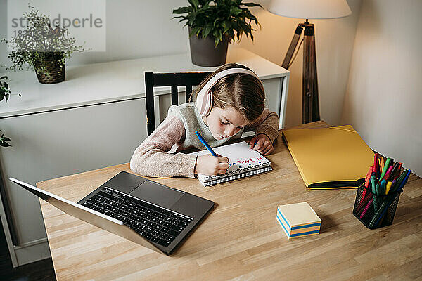 Girl doing homework sitting with laptop on table at home