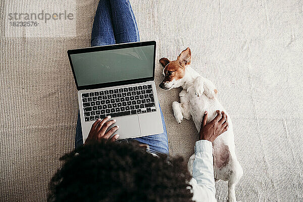 Woman stroking dog using laptop sitting on rug at home