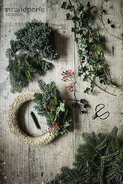 Preparation of Christmas wreath made of spruce  juniper  ivy  and rose hips