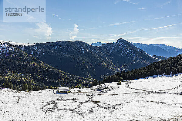 Germany  Bavaria  View from snow-covered mountaintop in Chiemgau Alps