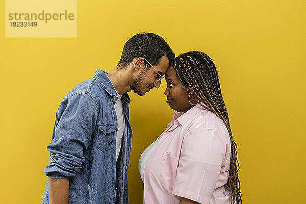 Lächelndes junges Paar  das vor der gelben Wand die Stirn berührt