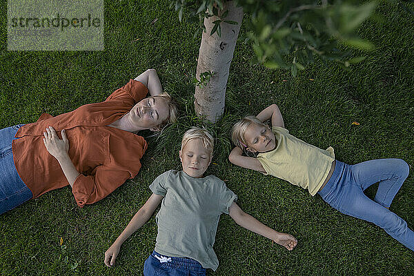 Family with eyes closed resting on grass