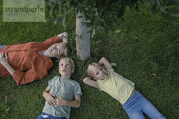 Smiling woman with children lying on grass