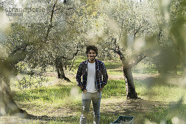 Lächelnder Mann mit den Händen in den Taschen im Olivengarten