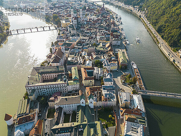 Germany  Bavaria  Passau  Aerial view of old town surrounded by Danube and Inn rivers