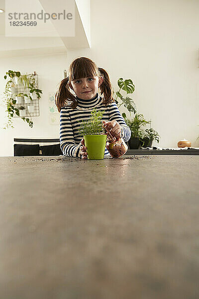 Lächelndes Mädchen  das zu Hause Pflanze auf dem Tisch gießt