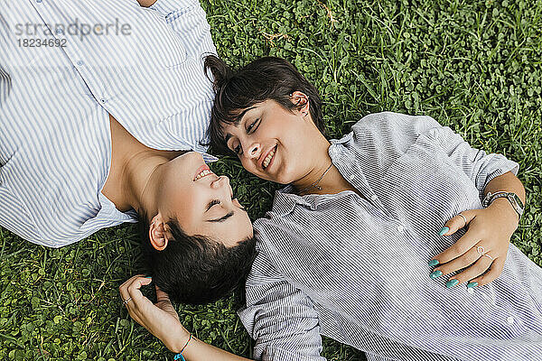 Romantisches lesbisches Paar verbringt seine Freizeit im Gras