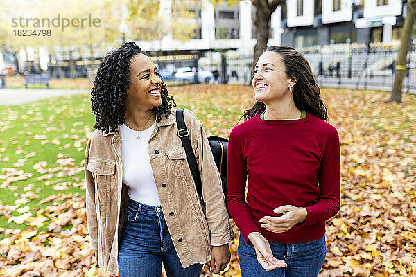 Lächelnde  gemischtrassige Freunde  die gemeinsam im Herbstpark spazieren gehen