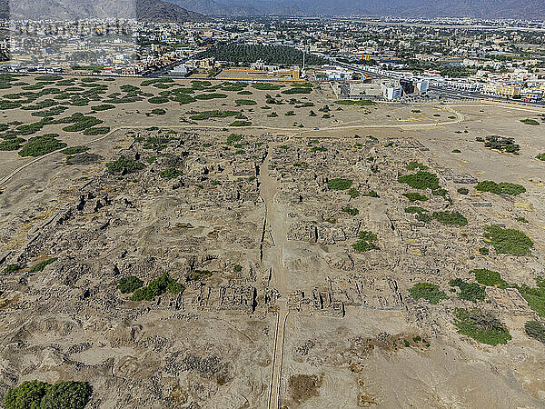 Aerial view of arid landscape at Al-Ukhdud Archaeological Site in Najran  Saudi Arabia