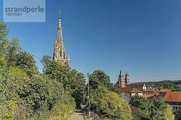 Deutschland  Baden-Württemberg  Esslingen  Turm der Frauenkirche mit grünen Bäumen im Vordergrund