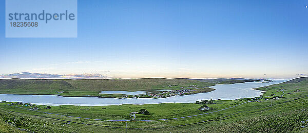 UK  Scotland  Hellister  Panoramic view of Weisdale Voe bay in summer