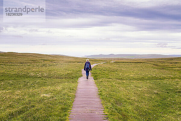 Großbritannien  Schottland  Unst  Wanderin geht entlang der Promenade im Hermaness National Nature Reserve