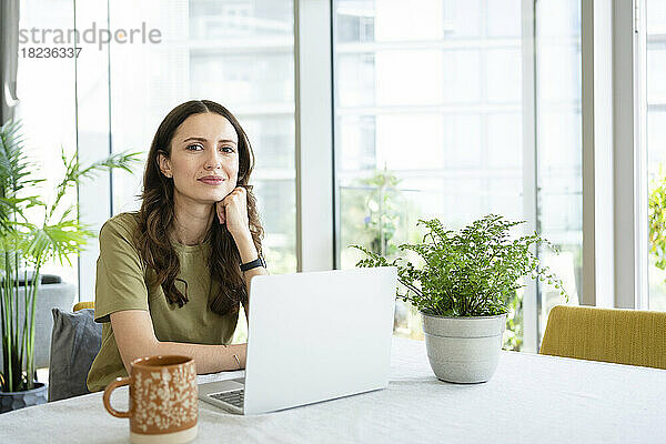 Lächelnde Geschäftsfrau sitzt mit Laptop zu Hause