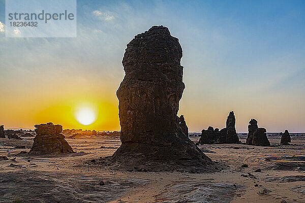 Saudi Arabia  Medina Province  Al Ula  Algharameel pinnacles at sunset