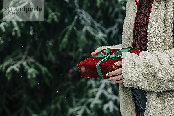 Hände einer Frau halten Weihnachtsgeschenkbox im Wald