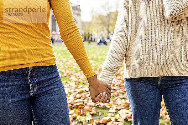 Women holding hands standing in park
