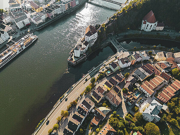 Germany  Bavaria  Passau  Aerial view of confluence of Danube and Ilz rivers