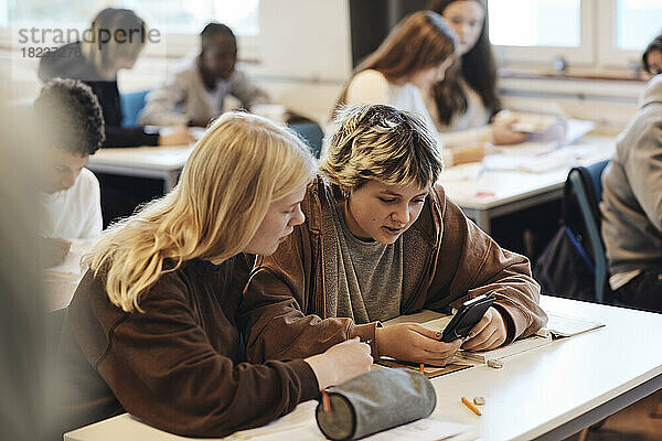 Teenager-Mädchen teilt sich ein Smartphone mit einer blonden Freundin  die am Schreibtisch im Klassenzimmer sitzt