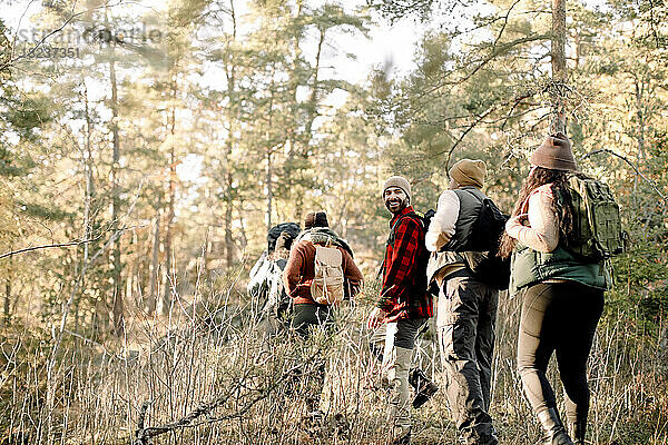 Freunde gehen in einer Reihe beim gemeinsamen Wandern im Wald