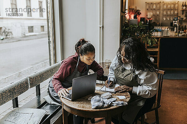 Reife weibliche Besitzerin  die in ihr Tagebuch schreibt  während sie sich mit einem jungen Kollegen am Tisch unterhält