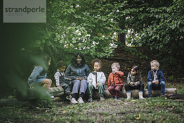Lehrerin sitzt mit Vorschulkindern im Park auf einem Baumstamm