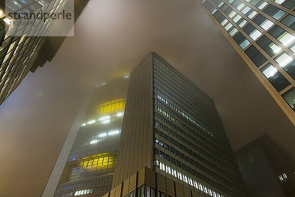 Beleuchtete Hochhäuser im Nebel bei Nacht  Omniturm links  Global Tower mitte  Commerzbank Tower links dahinter  Taunusturm rechts  Bankenviertel Frankfurt am Main  Hessen  Deutschland  Europa