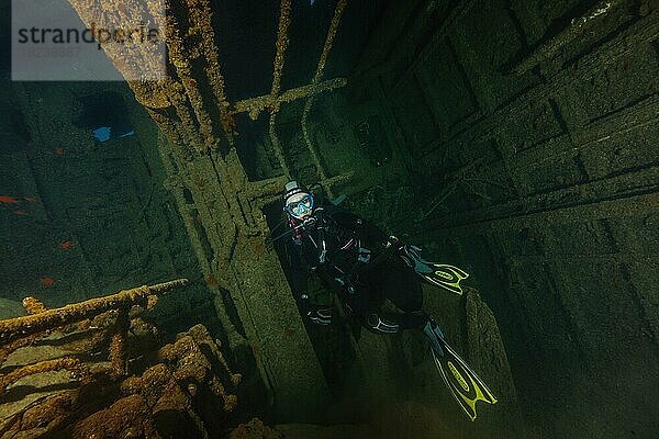 Taucherin Taucher schwimmt taucht an Geländer von durch Laderaum von Schiffswrack Wrack Elviscot an Westspitze von Elba  Mittelmeer  Pomonte  Insel Elba  Toskana  Italien  Europa