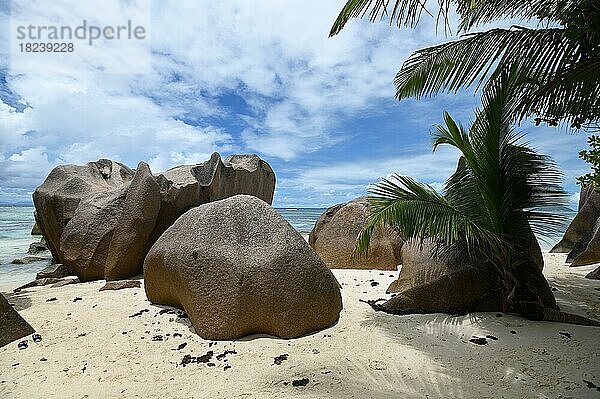 Granitfelsen am Strand der Anse Source dArgent  La Digue  Seychellen  Afrika