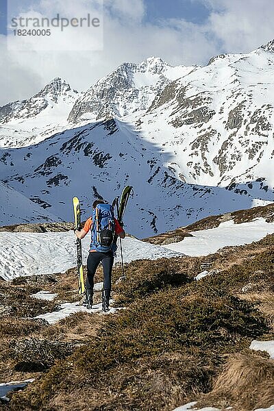 Skitourengeher im Winter in den Bergen  tragen der Skier  Oberbergtal  Neustift im Stubaital  Tirol  Österreich  Europa