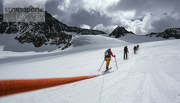 Hochtour  Skitourengeher am Seil gehen über Alpeiner Ferner Gletscher  Winter in den Bergen  Neustift im Stubaital  Tirol  Österreich  Europa