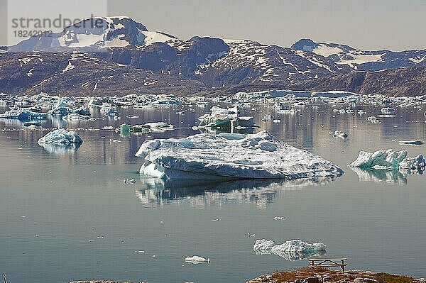 Eisberge spiegeln sich in einem Fjord  Stille  Ruhe  karge Landschaft  Eisjord  Ostgrönland  Nordamerika  Tiniteqilaaq  Tasilaq  Grönland  Nordamerika