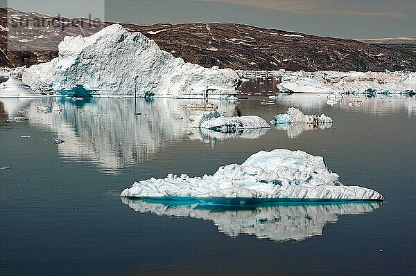 Eisberge spiegeln sich in einem Fjord  Stille  Ruhe  karge Landschaft  Schlittenhund  Eisjord  Ostgrönland  Nordamerika  Tiniteqilaaq  Tasilaq  Arktis  Grönland  Dänemark  Nordamerika