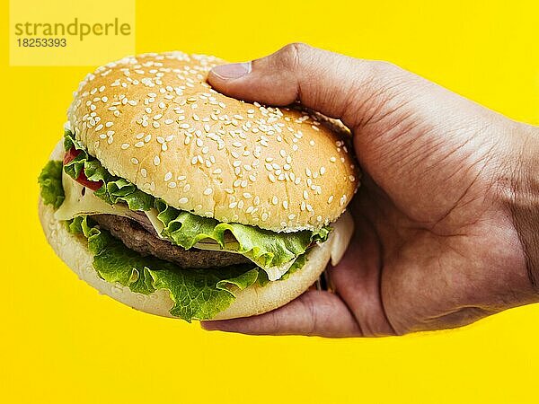 Mann hält Cheeseburger mit Samen. Auflösung und hohe Qualität schönes Foto