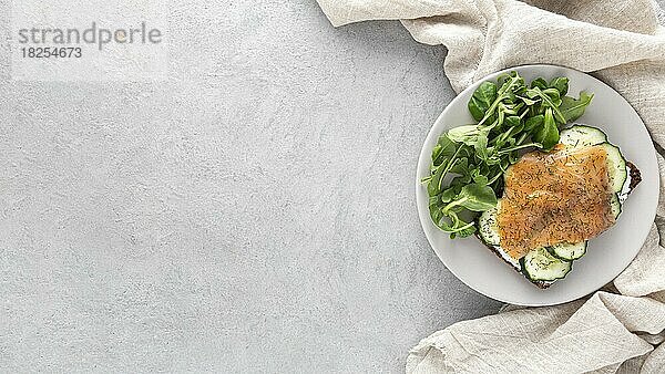 Draufsicht Sandwich mit Gurken Lachs Teller mit Kopie Raum. Auflösung und hohe Qualität schönes Foto