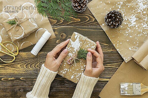 Draufsicht Hände halten Weihnachtsgeschenk mit Pflanze Tannenzapfen. Auflösung und hohe Qualität schönes Foto