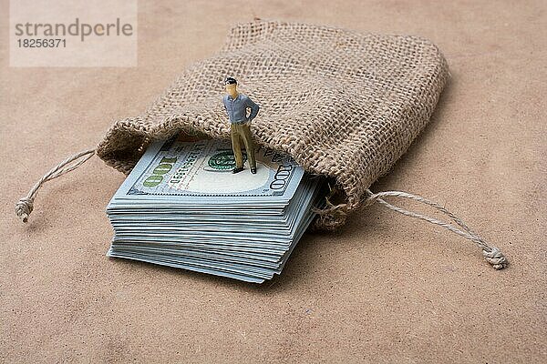 Mannfigur auf einem Bündel US-Dollar in einem Sack stehend