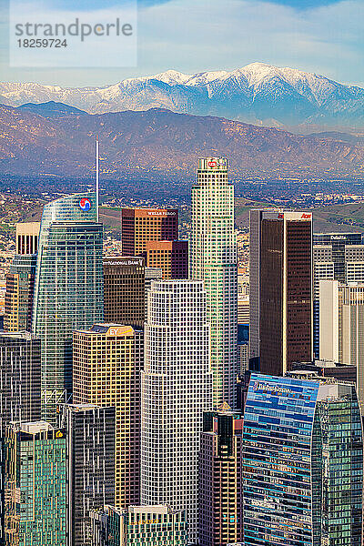 Los Angeles Skyline Snow Peaked Mountains Luftsonnenuntergang