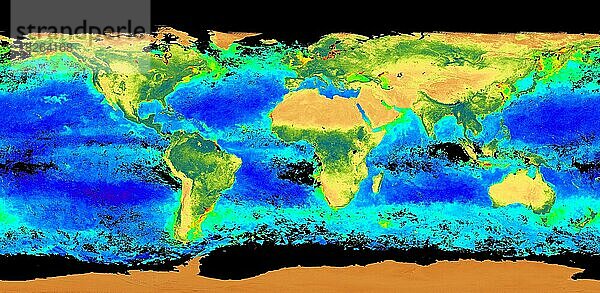 Diese Ansicht der Erde hebt die biologische Aktivität hervor  insbesondere die Menge der stattfindenden Photosynthese. Höhere Chlorophyllkonzentrationen im Ozean werden mit grünen  gelben und roten Farben angezeigt. Die Menge der Vegetation auf dem Land wird mit immer tieferen Grüntönen angezeigt