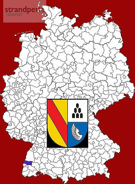 Landkreis Emmendingen in Baden-Württemberg  Lage des Landkreis innerhalb von Deutschland  Wappen  mit Landkreiswappen (nur redaktionelle Verwendung) (amtliches Hoheitszeichen) (werbliche Nutzung gesetzlich beschränkt)