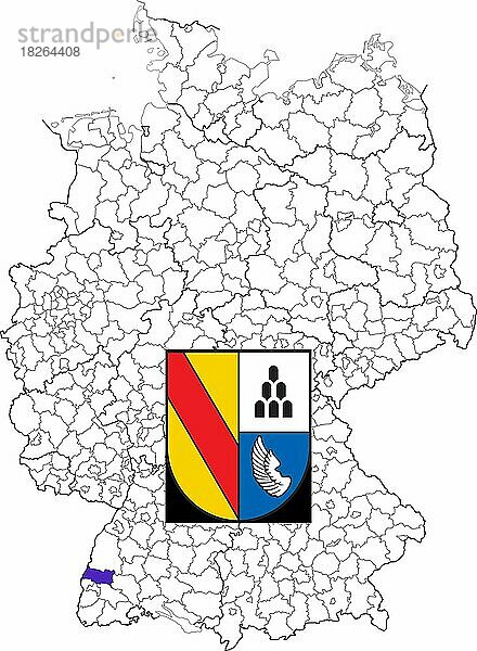 Landkreis Emmendingen in Baden-Württemberg  Lage des Landkreis innerhalb von Deutschland  Wappen  mit Landkreiswappen (nur redaktionelle Verwendung) (amtliches Hoheitszeichen) (werbliche Nutzung gesetzlich beschränkt)