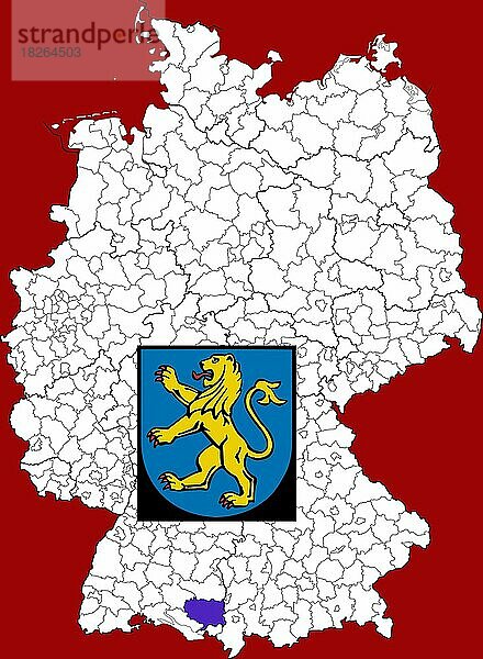 Landkreis Ravensburg in Baden-Württemberg  Lage des Landkreis innerhalb von Deutschland  Wappen  mit Landkreiswappen (nur redaktionelle Verwendung) (amtliches Hoheitszeichen) (werbliche Nutzung gesetzlich beschränkt)