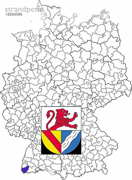 Landkreis Lörrach in Baden-Württemberg  Lage des Landkreis innerhalb von Deutschland  Wappen  mit Landkreiswappen (nur redaktionelle Verwendung) (amtliches Hoheitszeichen) (werbliche Nutzung gesetzlich beschränkt)