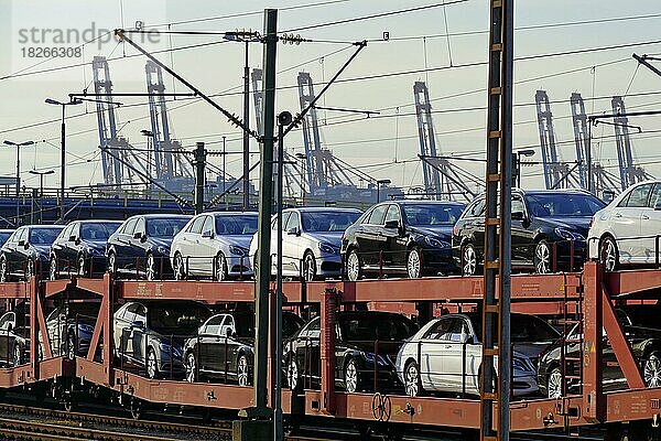 Für den Export bestimmte Autos auf einem Eisenbahnzug in Bremerhaven  Deutschland  Europa