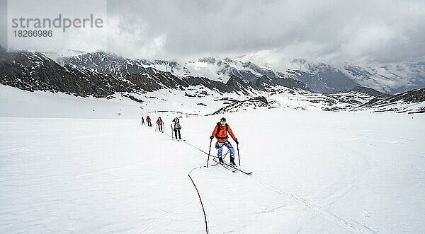 Skitourengeher beim Aufstieg am Seil  Aufstieg zur Oberen Kräulscharte  Gletscher Sommerwandferner  Stubaier Alpen  Tirol  Österreich  Europa