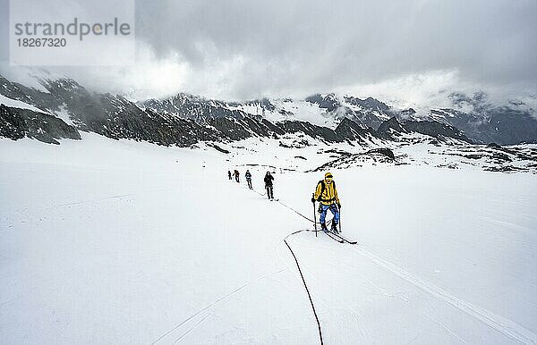 Skitourengeher beim Aufstieg am Seil  Aufstieg zur Oberen Kräulscharte  Gletscher Sommerwandferner  Stubaier Alpen  Tirol  Österreich  Europa
